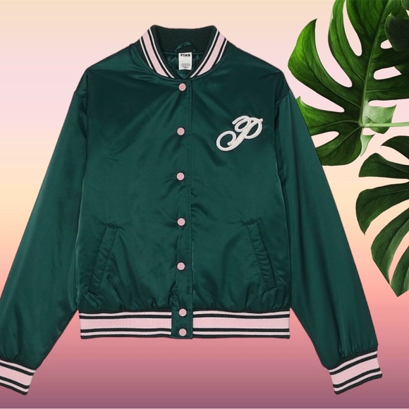 NWT VS PINK VARSITY JACKET DEEP IN FOREST LIMITED EDITION LARGE PLUS FREE TOTE - Picture 12 of 16